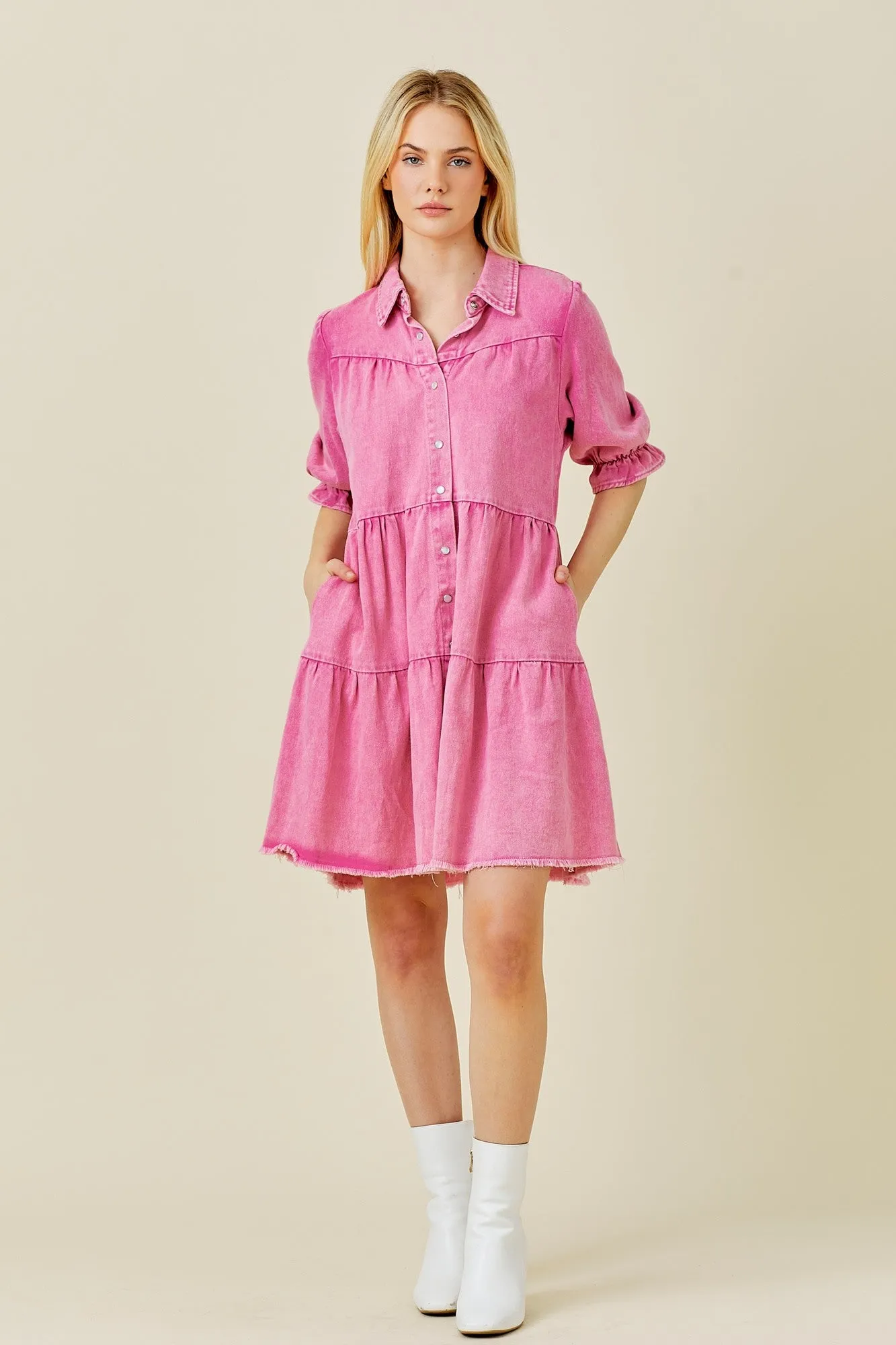 Pink Denim Tiered Button Down Dress sold by Pinkblush product image thumbnail 4