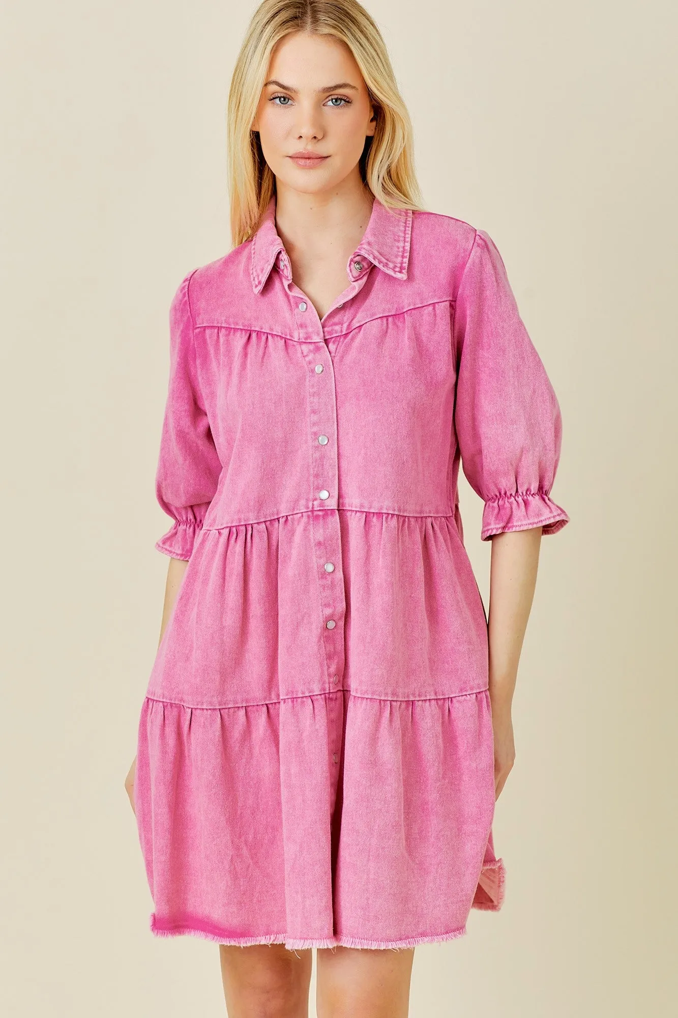 Pink Denim Tiered Button Down Dress sold by Pinkblush