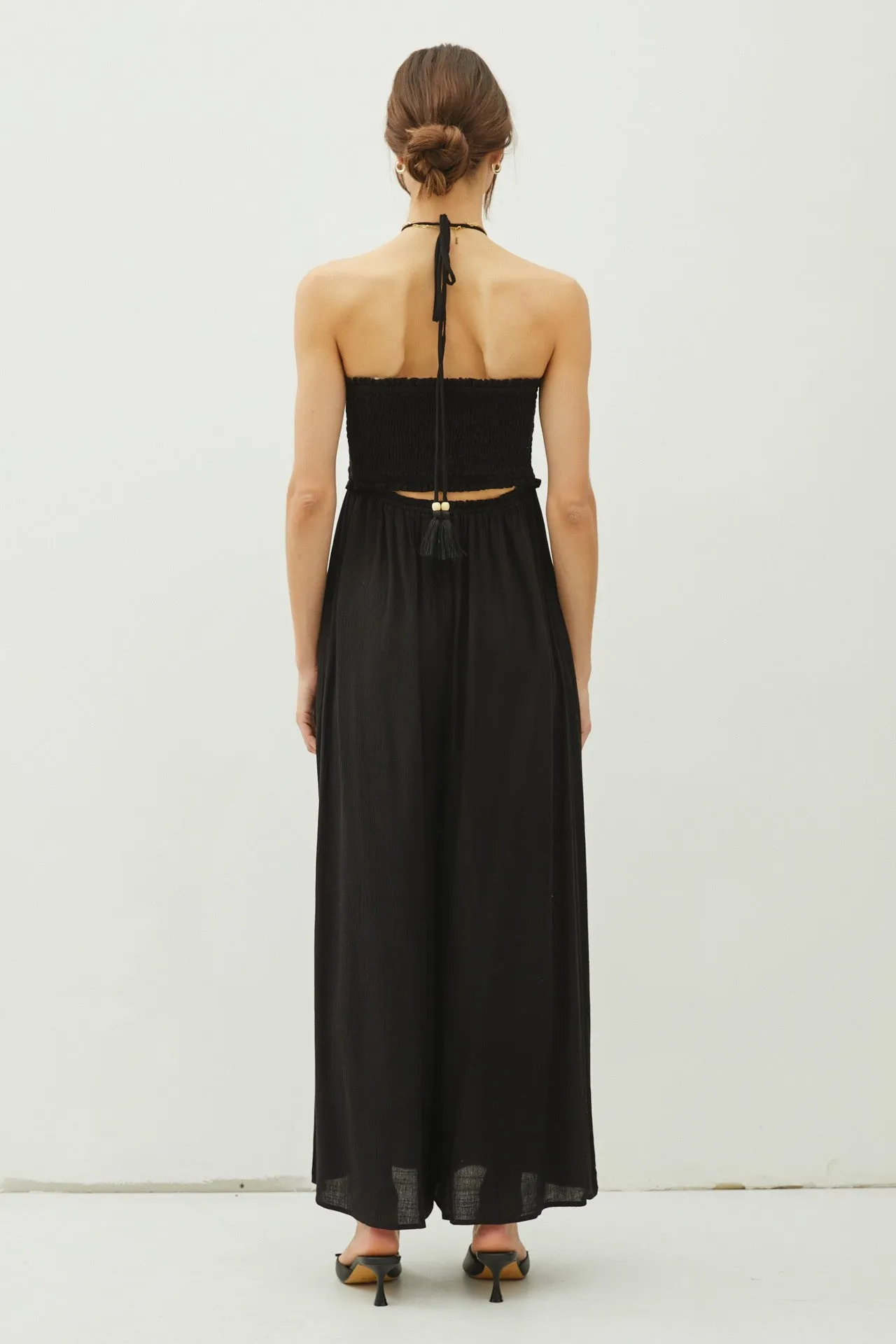 Black Back Cutout Smocked Halter Wide Leg Jumpsuit sold by Pinkblush product image thumbnail 3