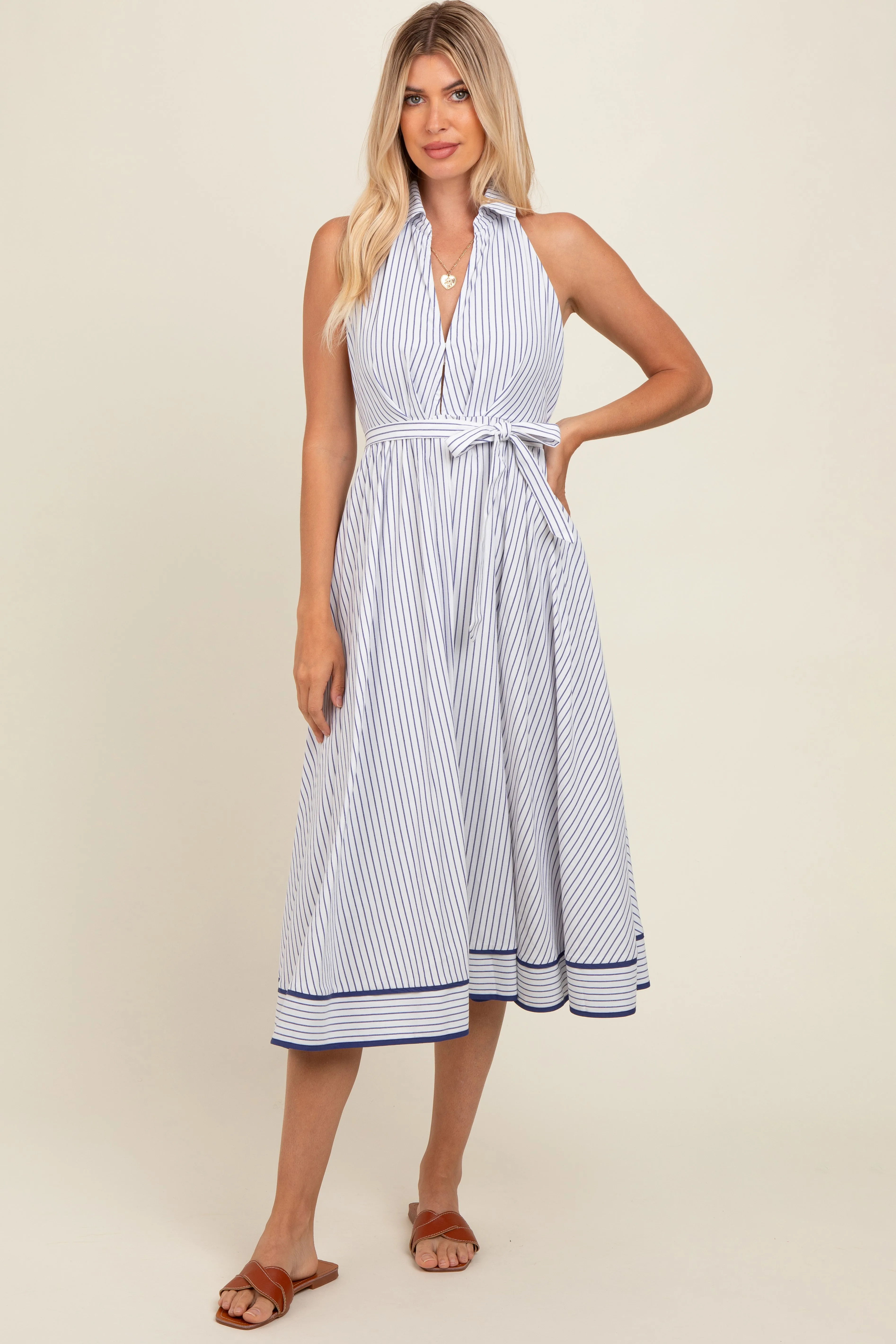 White Striped Halter Midi Shirt Dress sold by Pinkblush product image thumbnail 2