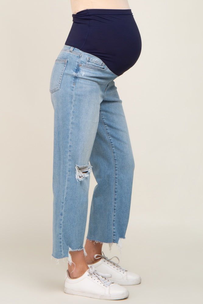 Light Blue Distressed Raw Hem Straight Maternity Jeans sold by Pinkblush product image thumbnail 3