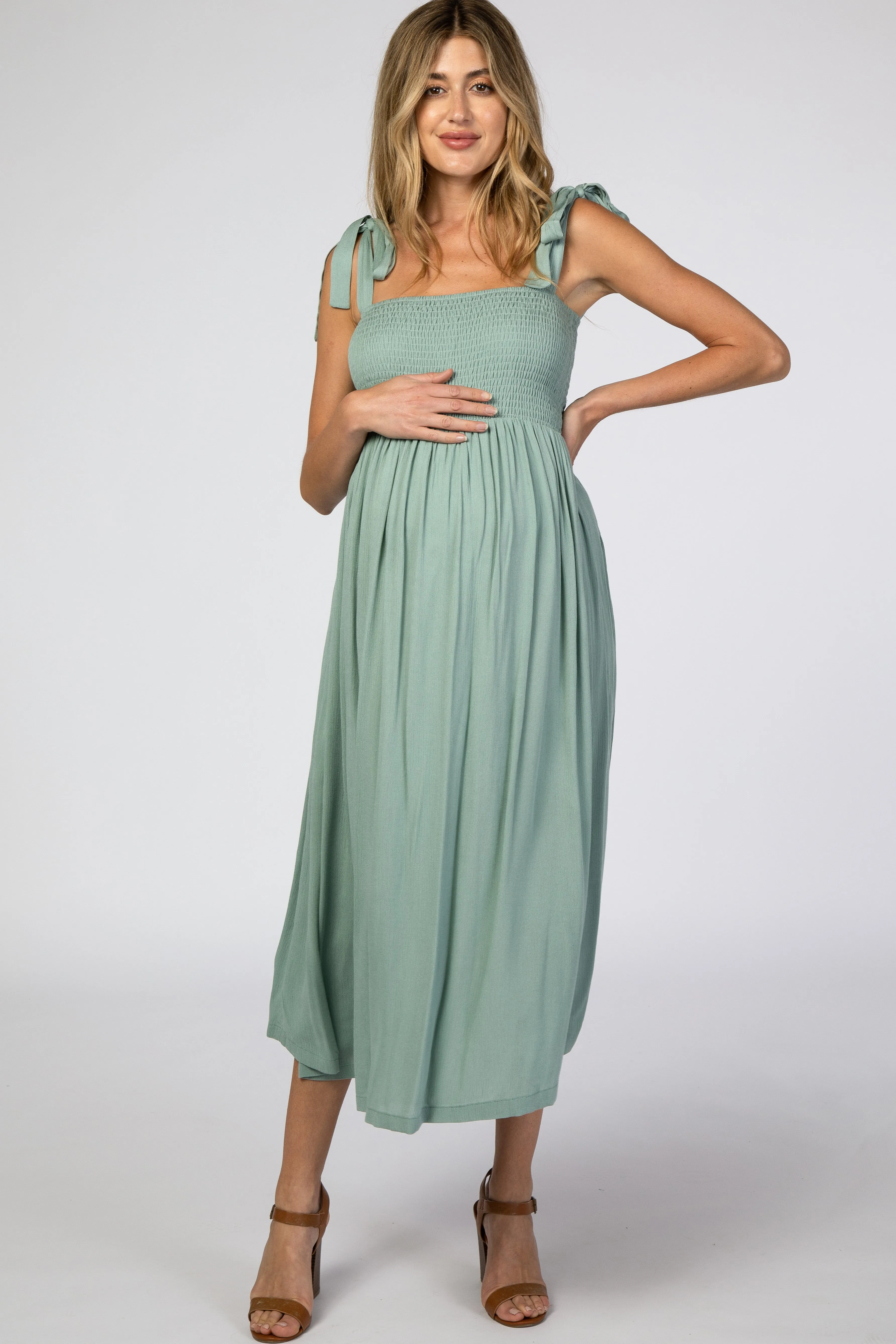 Mint Green Smocked Tie Strap Maternity Midi Dress sold by Pinkblush