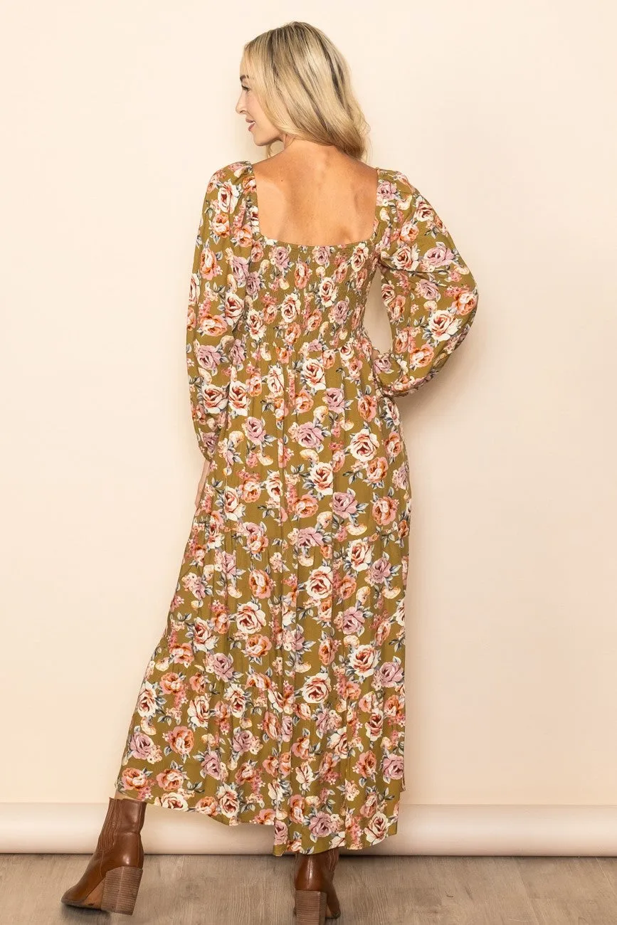 Olive Floral Long Sleeve Maxi Dress sold by Pinkblush product image thumbnail 3