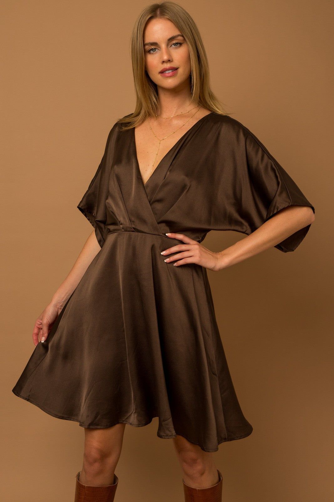 Y Pleated Bell Sleeve Dress - Brown