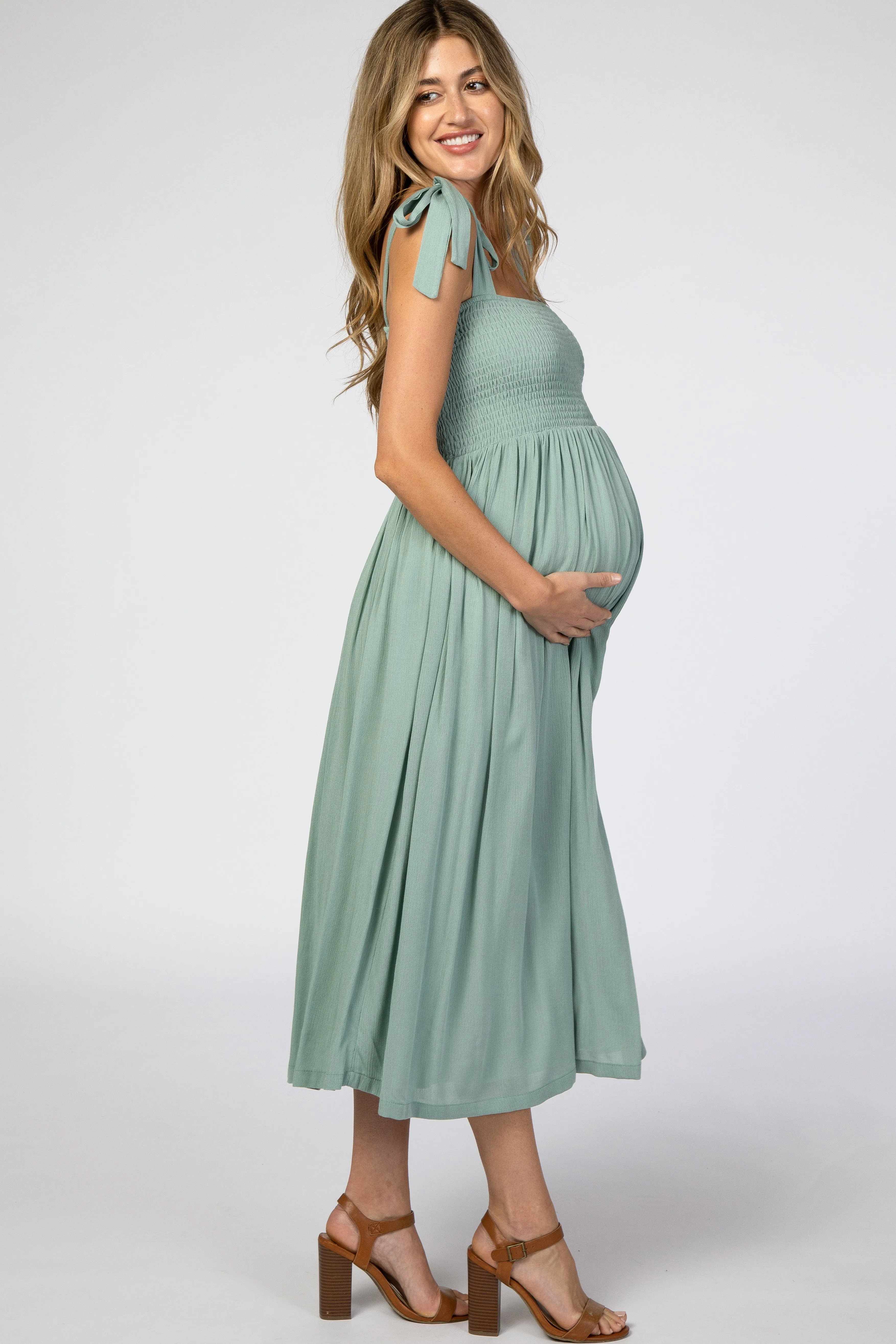 Mint Green Smocked Tie Strap Maternity Midi Dress sold by Pinkblush product image thumbnail 2