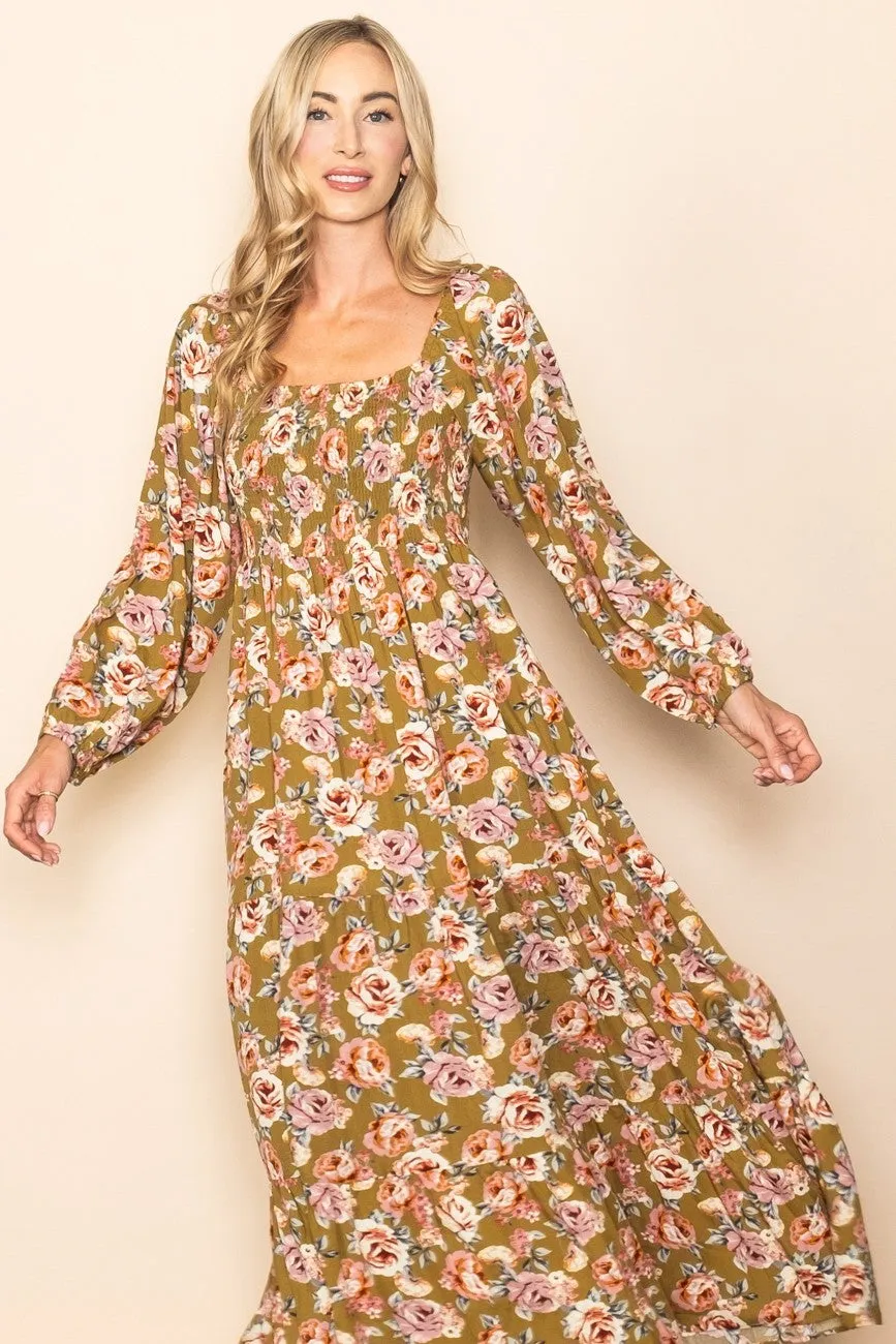 Olive Floral Long Sleeve Maxi Dress sold by Pinkblush product image thumbnail 4