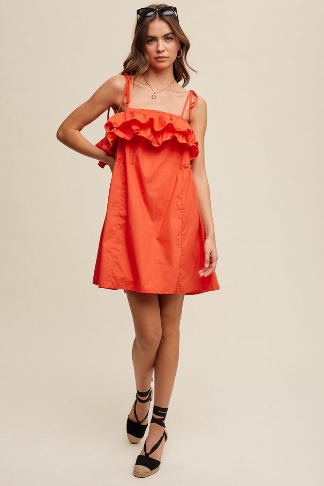 Blood Orange Tiered Ruffle Tie Straps Poplin Dress sold by Pinkblush