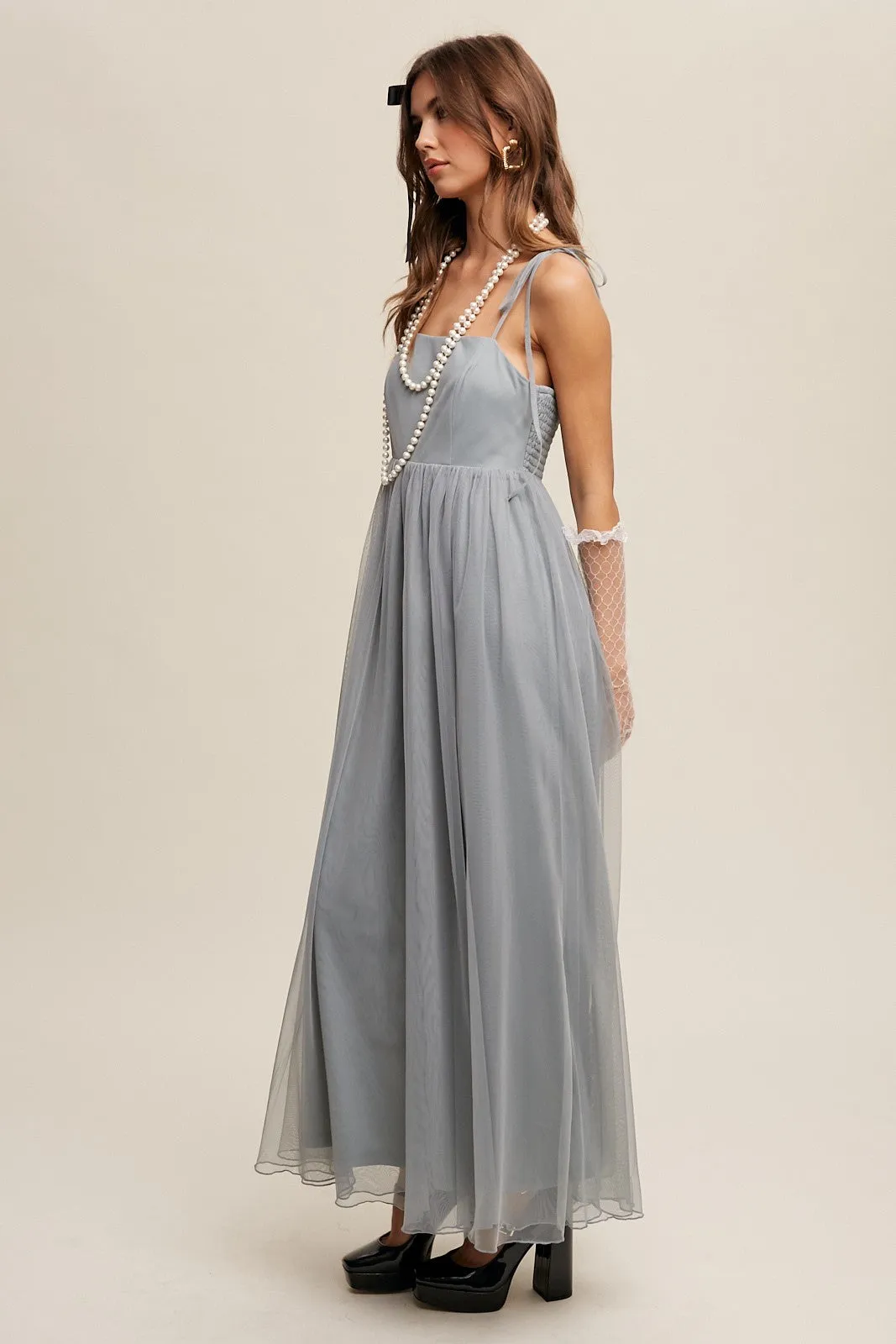 Green Square Neck Shoulder Tie Tulle Maxi Dress sold by Pinkblush product image thumbnail 2