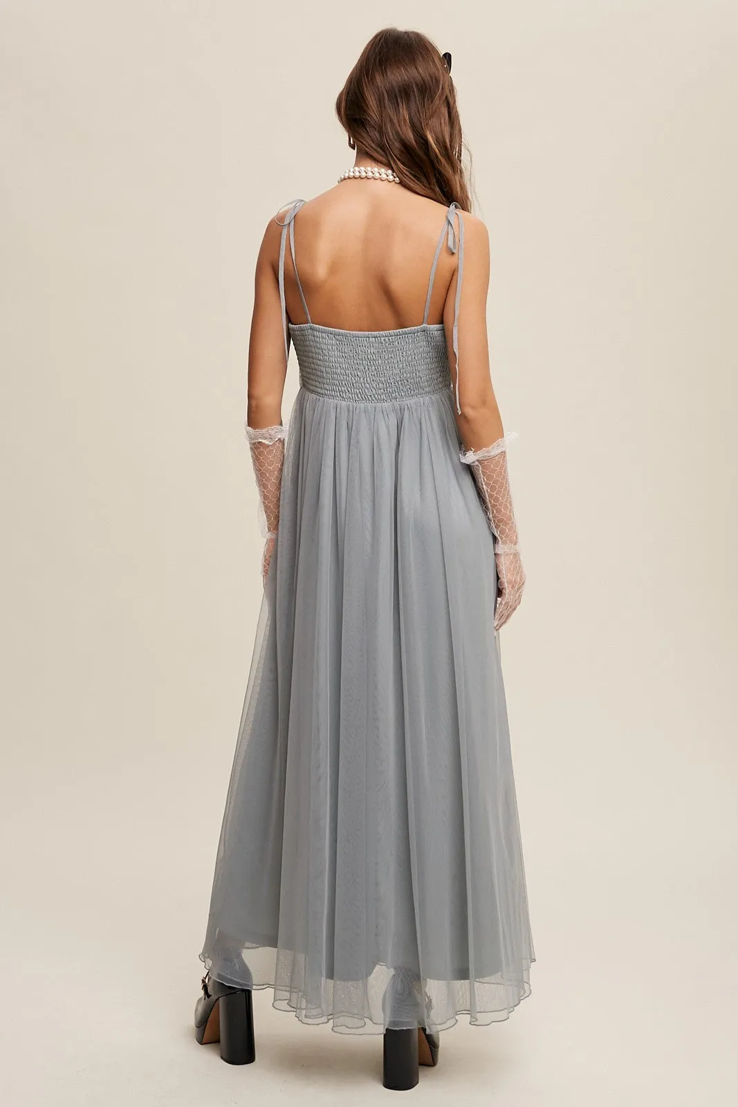 Green Square Neck Shoulder Tie Tulle Maxi Dress sold by Pinkblush product image thumbnail 3