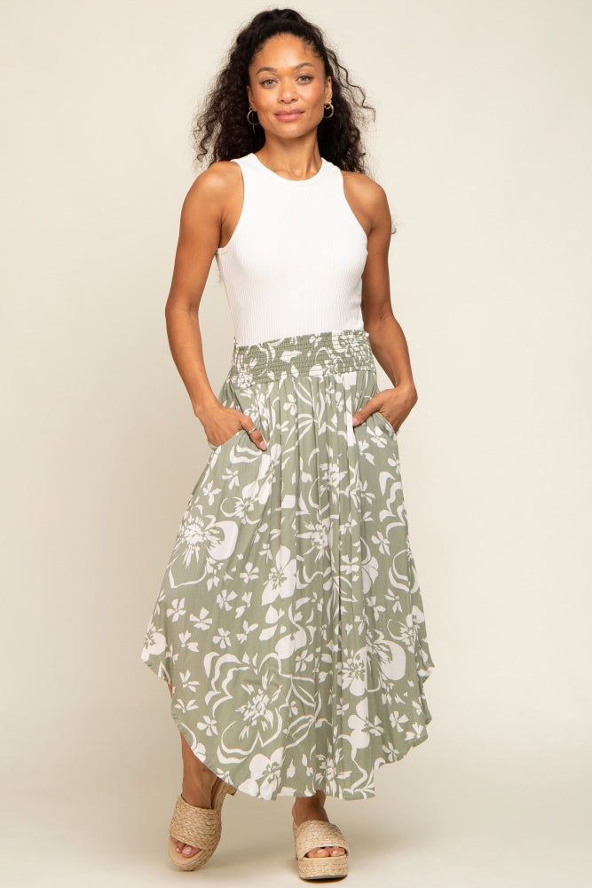 Light Olive Tropical Floral Smocked Waist Round Hem Maternity Midi Skirt sold by Pinkblush product image thumbnail 8