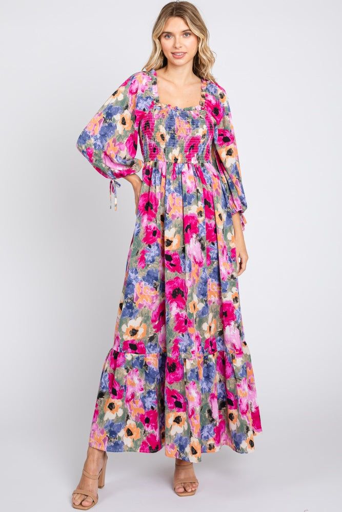 Lavender Floral Smocked Square Neck Midi Dress sold by Pinkblush