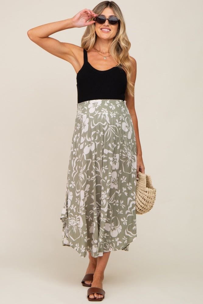 Light Olive Tropical Floral Smocked Waist Round Hem Maternity Midi Skirt sold by Pinkblush product image thumbnail 5