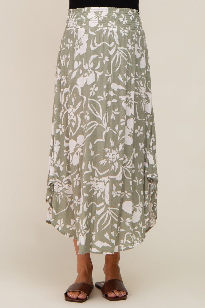 Light Olive Tropical Floral Smocked Waist Round Hem Maternity Midi Skirt sold by Pinkblush product image thumbnail 2