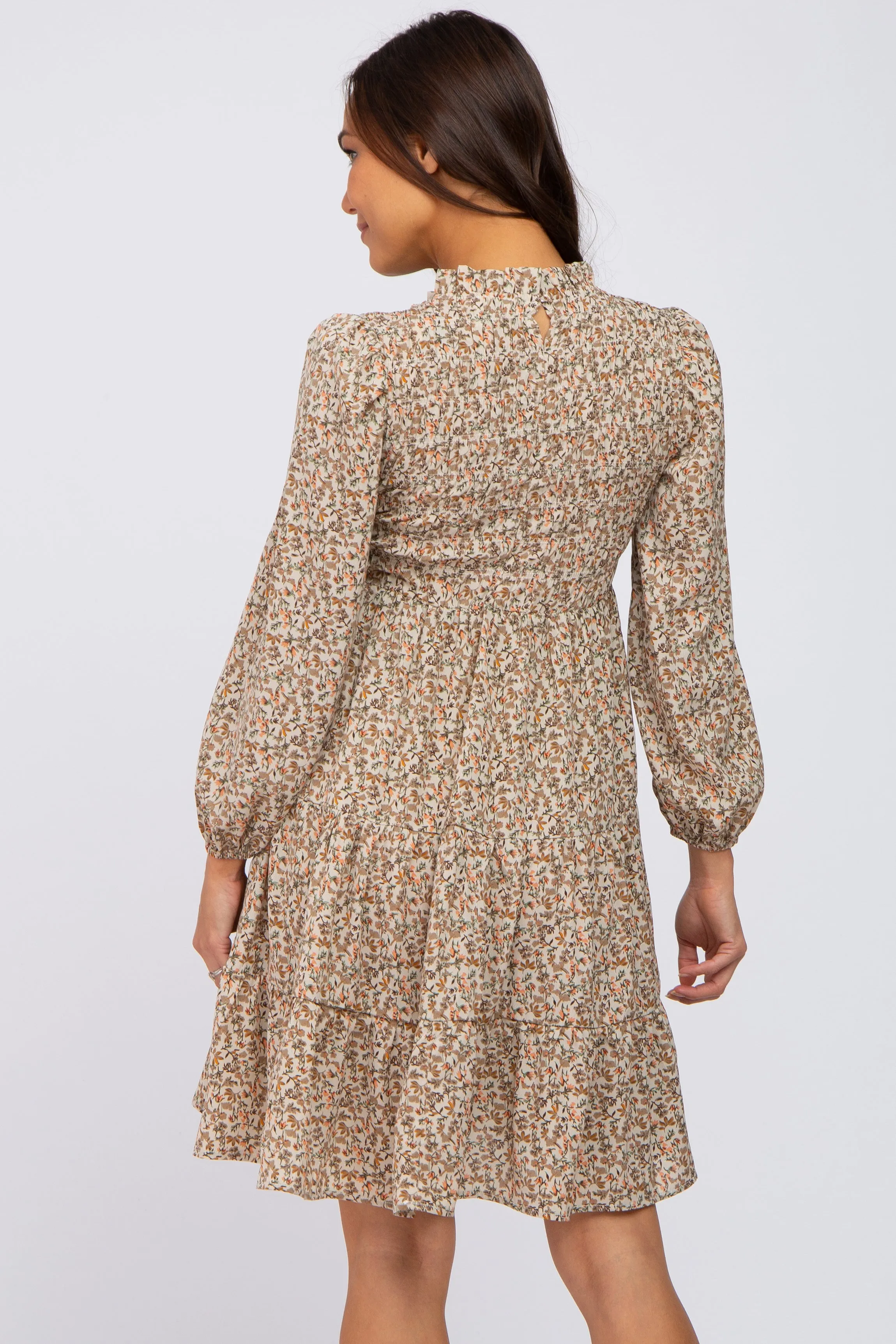 Beige Floral Shirred Mock Neck Maternity Dress sold by Pinkblush product image thumbnail 3