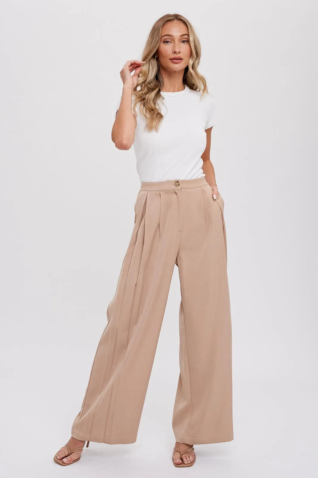 Taupe Pintuck Wide Leg Pants sold by Pinkblush