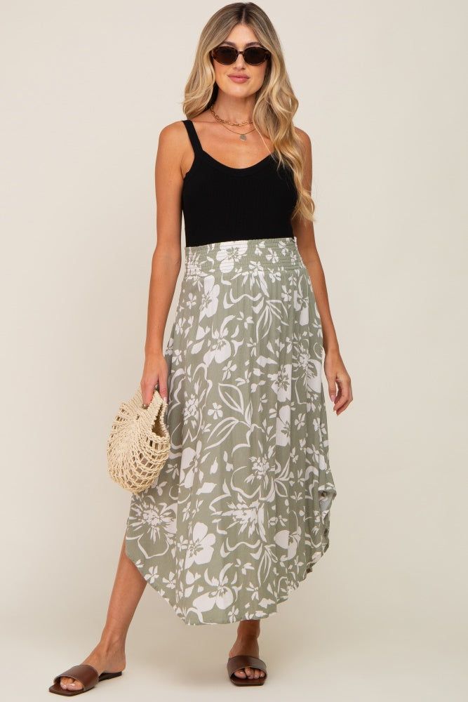 Light Olive Tropical Floral Smocked Waist Round Hem Maternity Midi Skirt sold by Pinkblush product image thumbnail 6