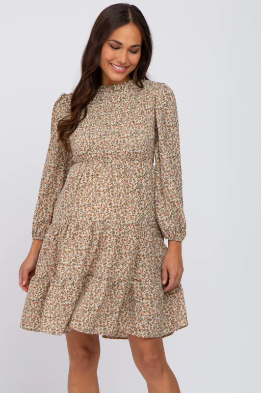 Beige Floral Shirred Mock Neck Maternity Dress sold by Pinkblush