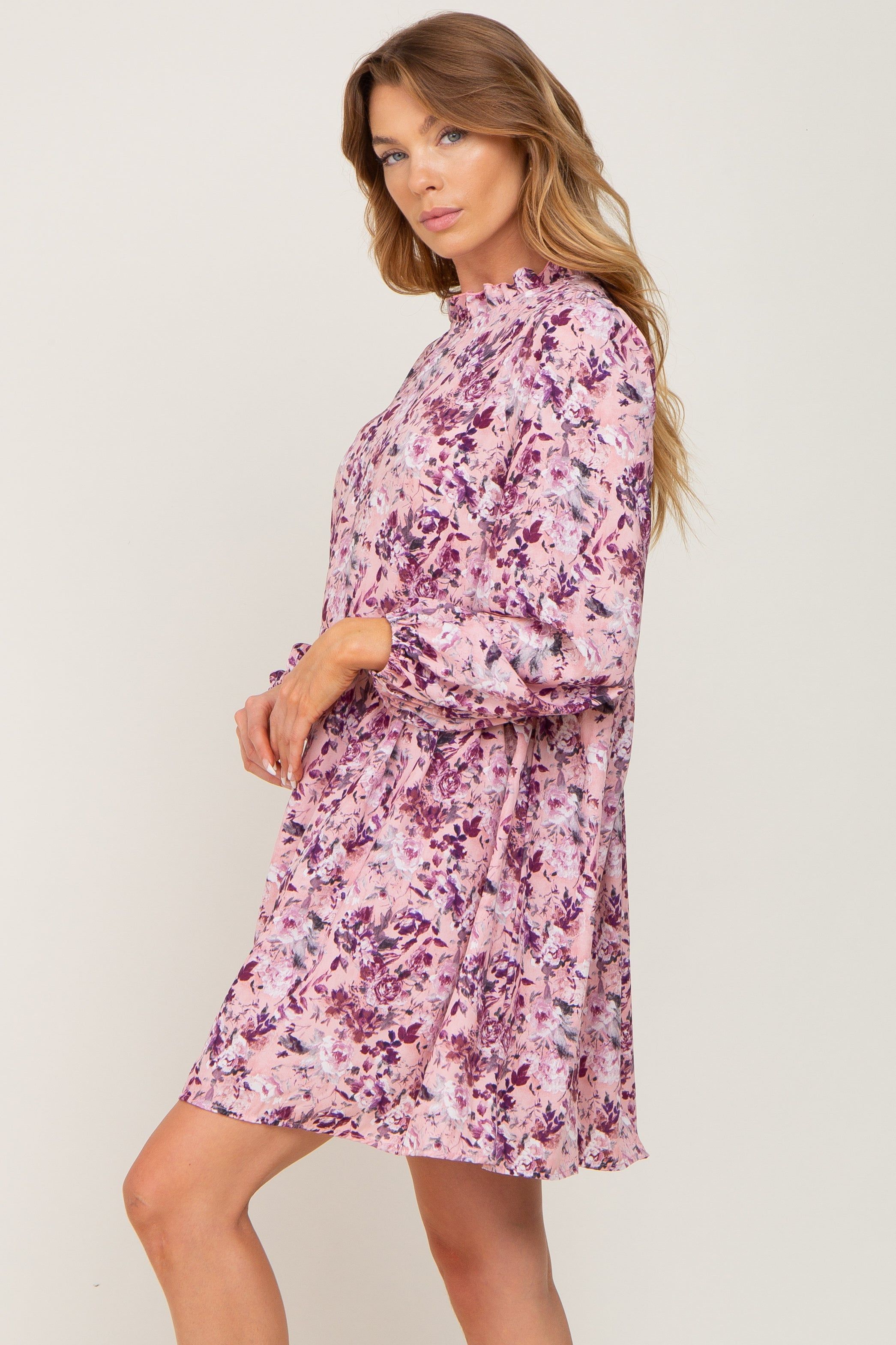 Pink Floral Ruffle Mock Neck Dress sold by Pinkblush product image thumbnail 2