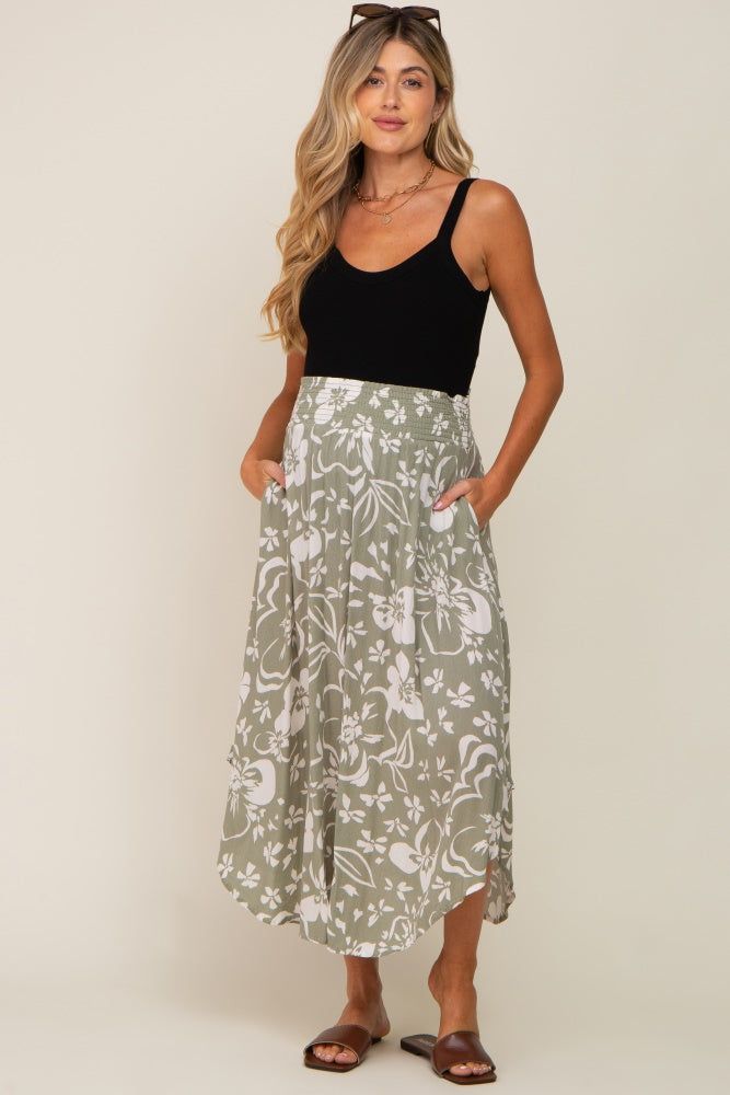 Light Olive Tropical Floral Smocked Waist Round Hem Maternity Midi Skirt sold by Pinkblush product image thumbnail 7