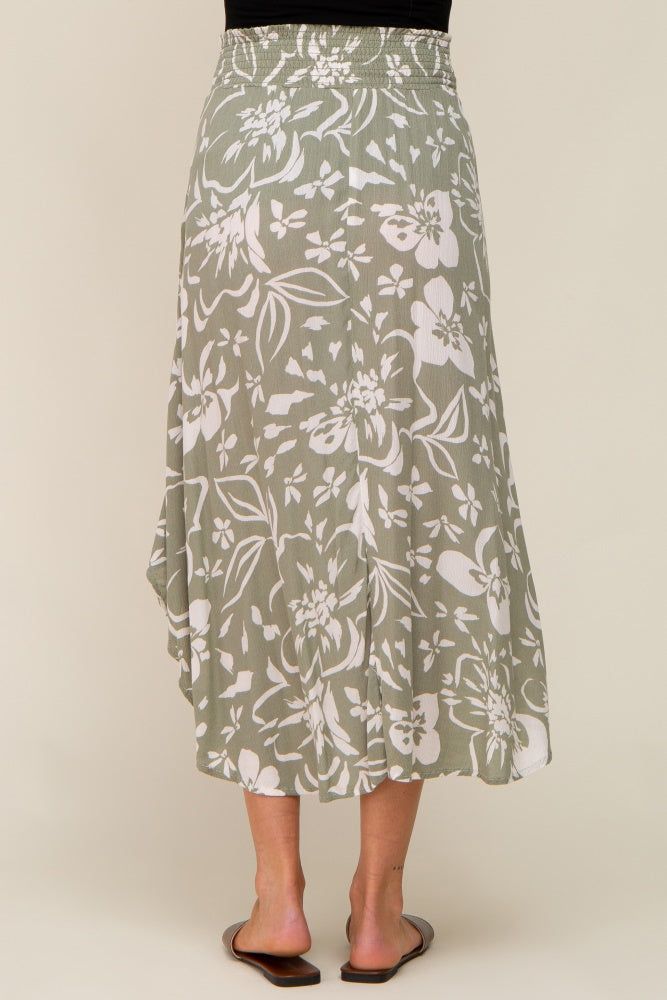 Light Olive Tropical Floral Smocked Waist Round Hem Maternity Midi Skirt sold by Pinkblush product image thumbnail 4
