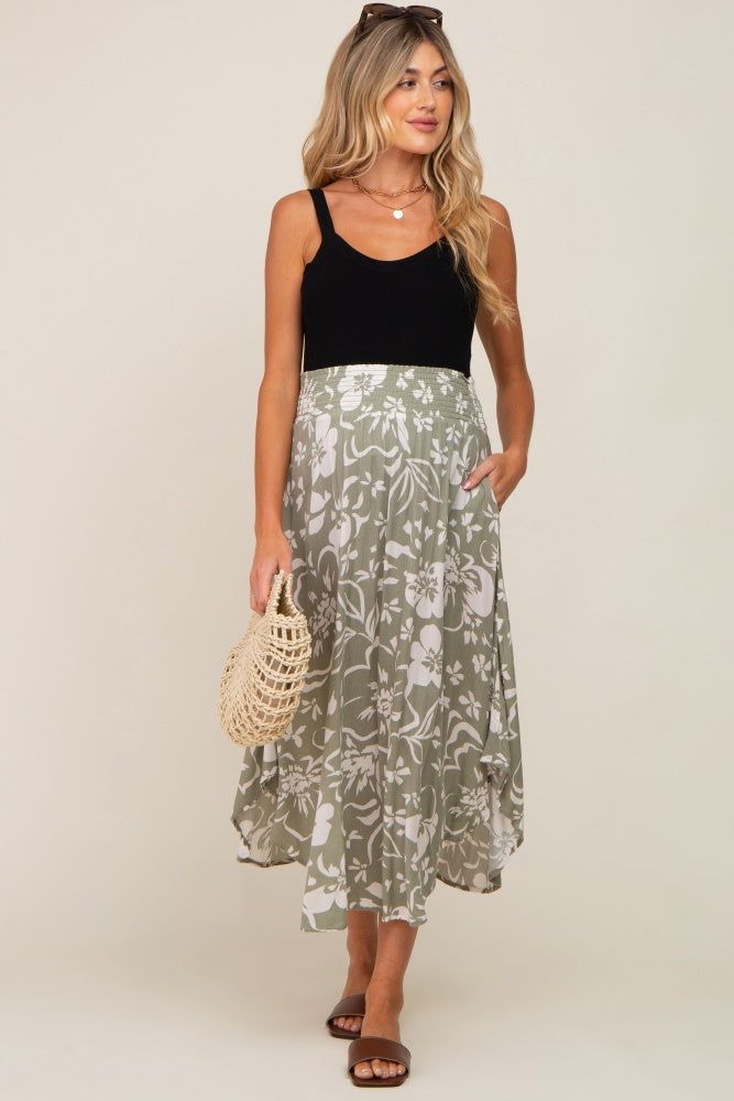 Light Olive Tropical Floral Smocked Waist Round Hem Maternity Midi Skirt sold by Pinkblush
