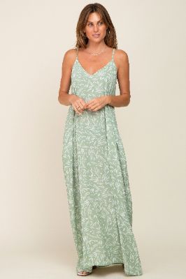 Light Olive Leaf Print Double V-Neck Maxi Dress sold by Pinkblush