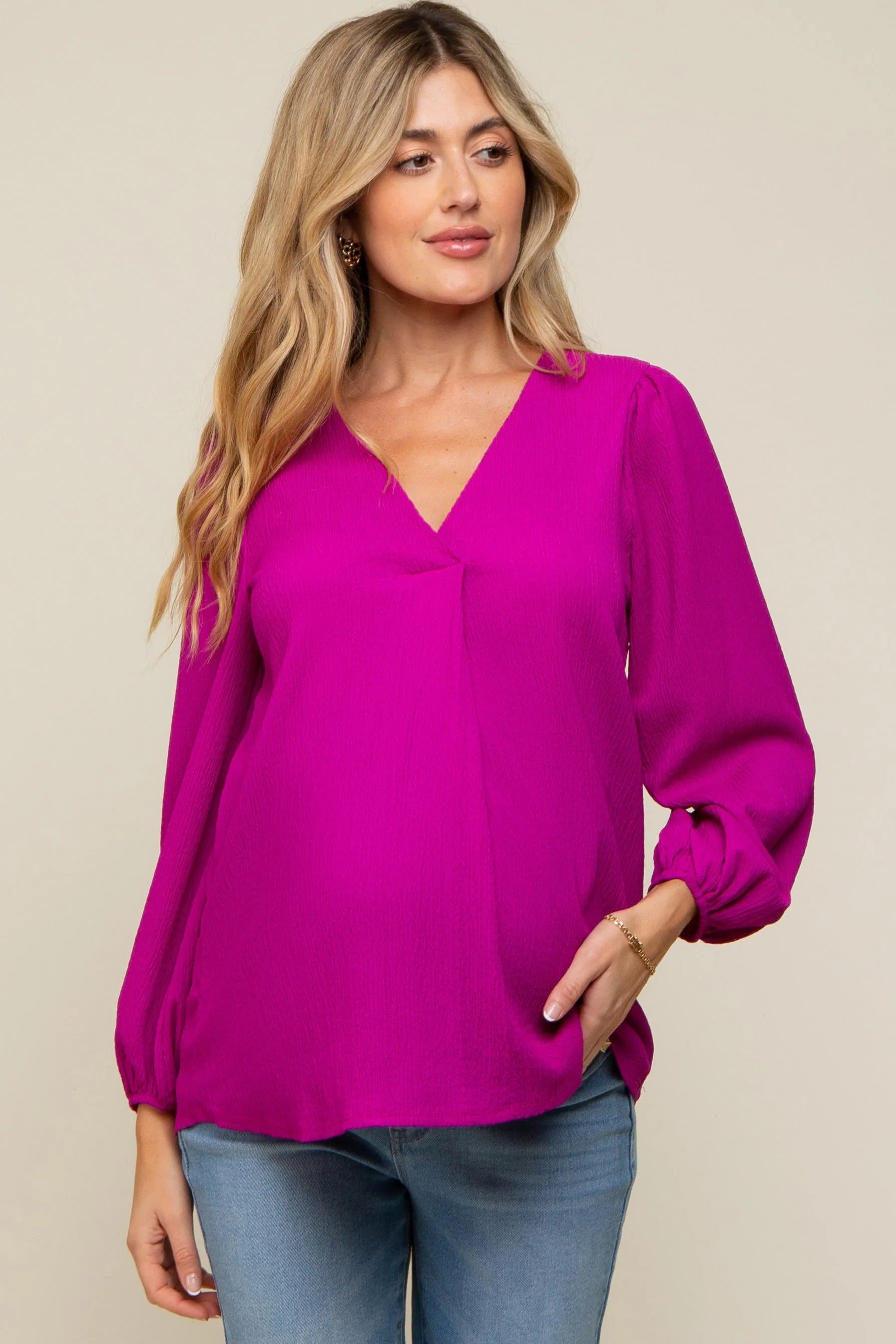 Magenta Textured Long Sleeve Maternity Blouse sold by Pinkblush