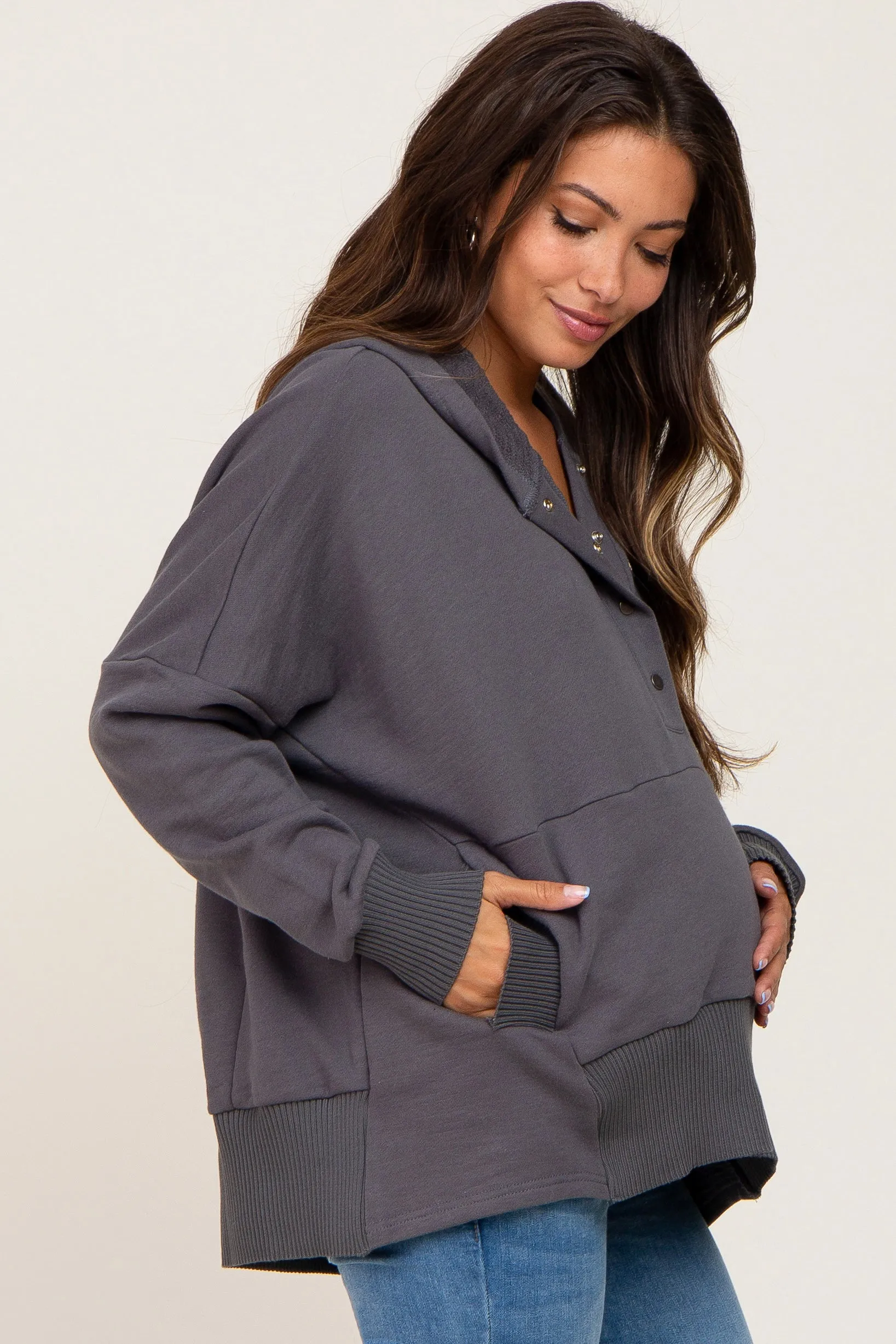 Charcoal Button Front Ribbed Trim Hooded Maternity Sweatshirt sold by Pinkblush product image thumbnail 3