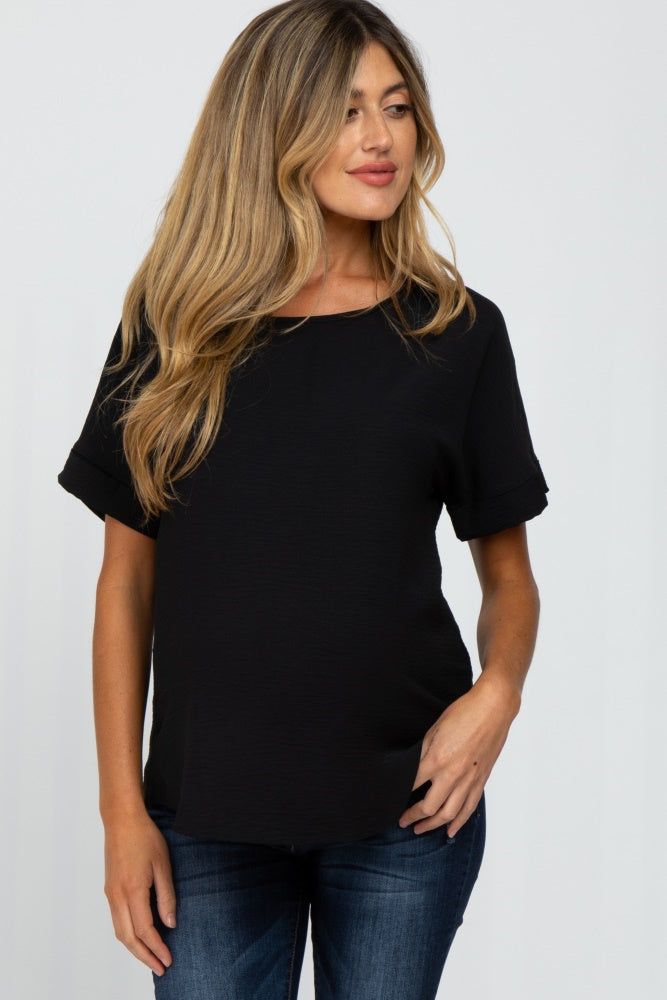 Black Rolled Cuff Short Sleeve Maternity Blouse sold by Pinkblush