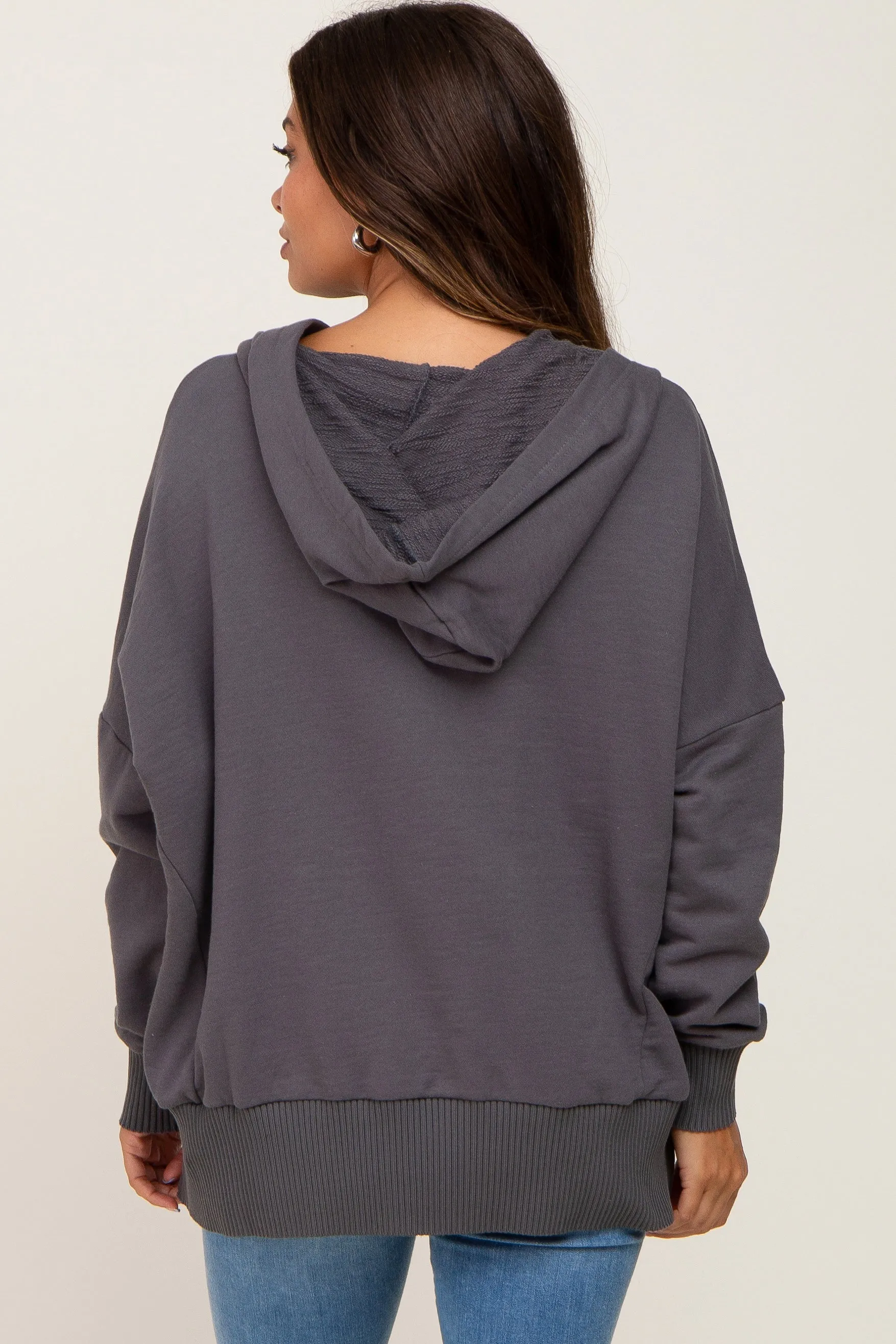 Charcoal Button Front Ribbed Trim Hooded Maternity Sweatshirt sold by Pinkblush product image thumbnail 4
