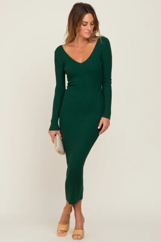 Forest Green V-Neck Long Sleeve Fitted Maxi Dress sold by Pinkblush