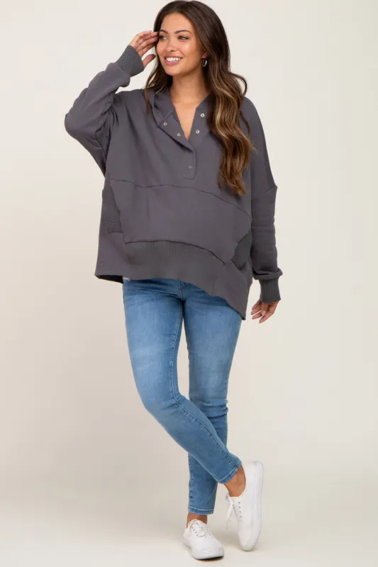 Charcoal Button Front Ribbed Trim Hooded Maternity Sweatshirt sold by Pinkblush