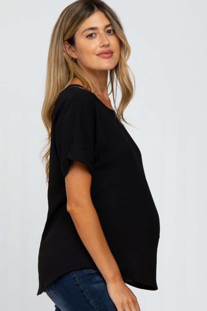 Black Rolled Cuff Short Sleeve Maternity Blouse sold by Pinkblush product image thumbnail 2