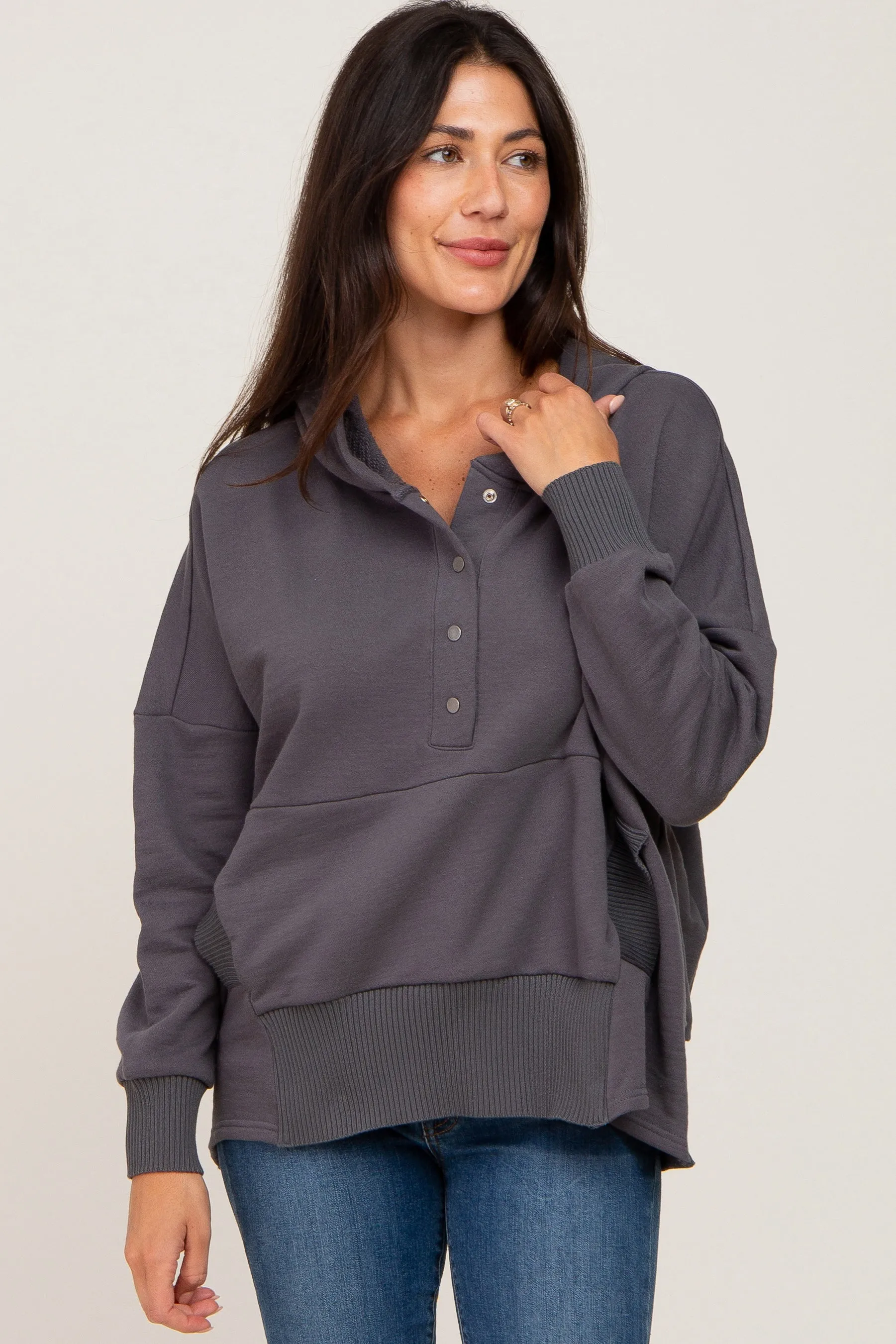 Charcoal Button Front Ribbed Trim Hooded Maternity Sweatshirt sold by Pinkblush product image thumbnail 5
