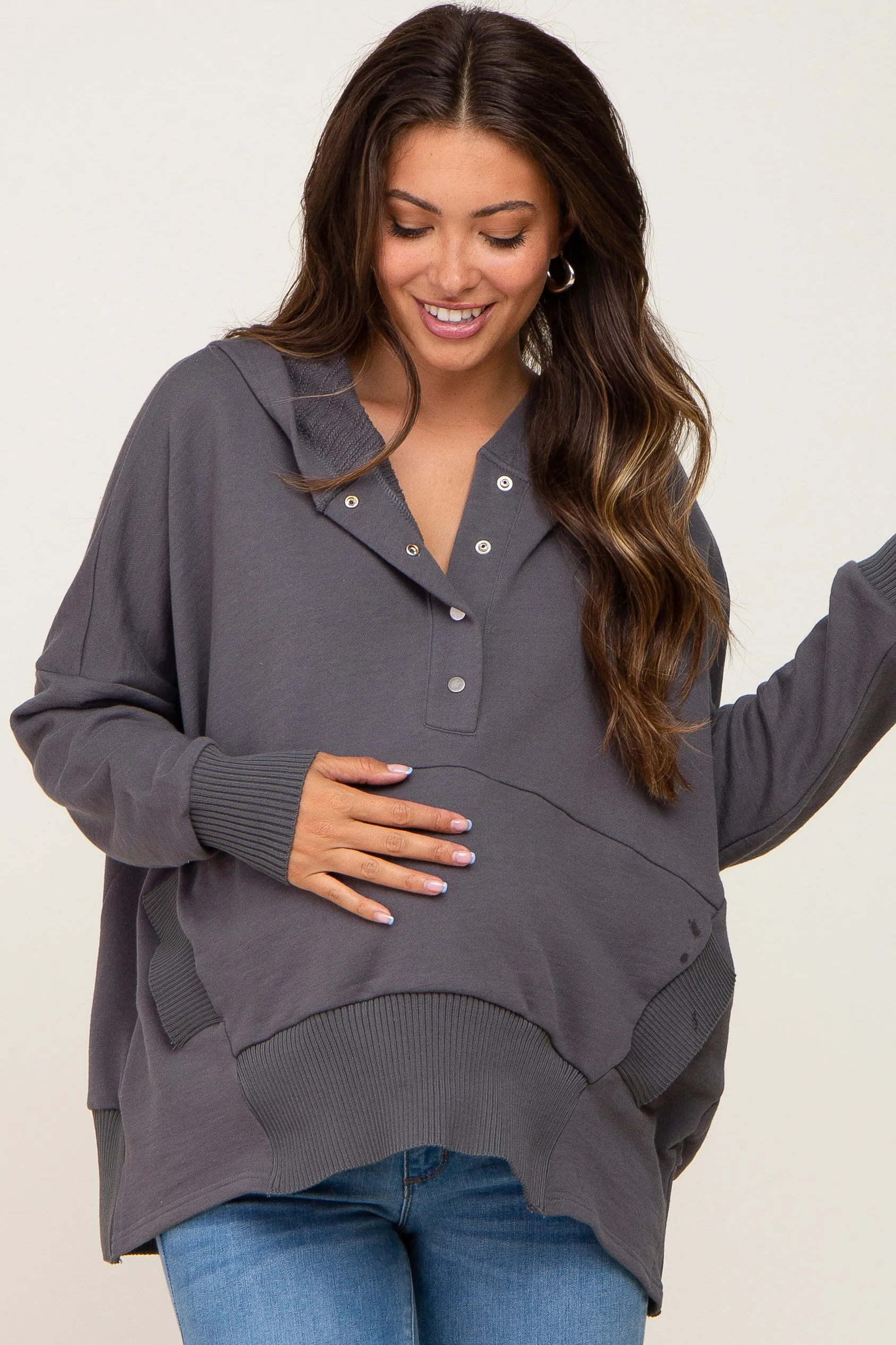 Charcoal Button Front Ribbed Trim Hooded Maternity Sweatshirt sold by Pinkblush product image thumbnail 2