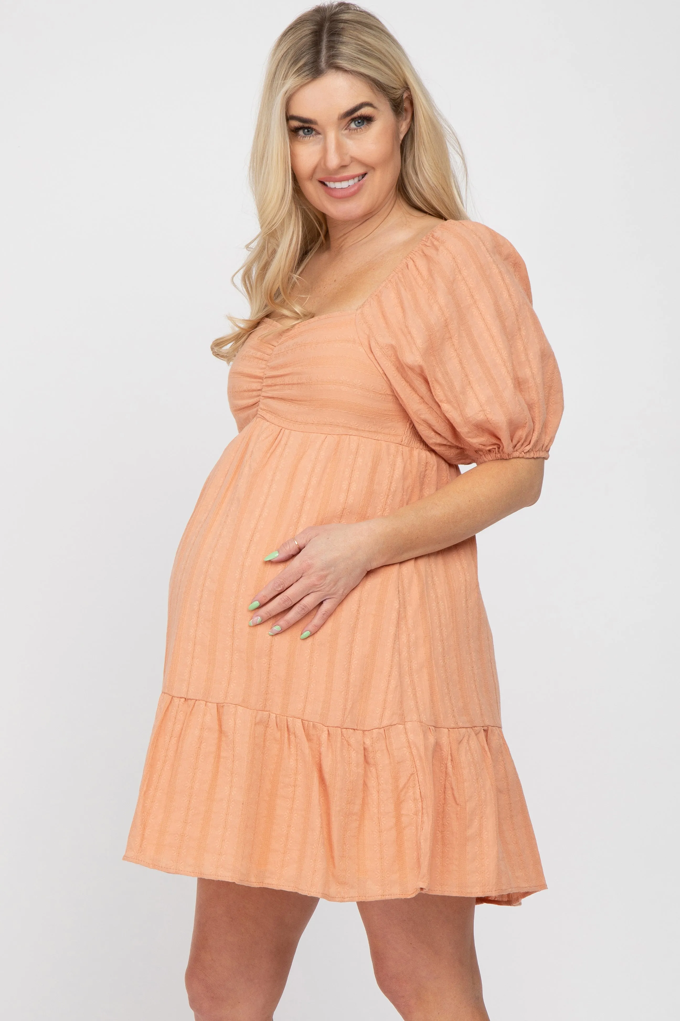 Peach Flower Embroidered Sweetheart Neck Bubble Sleeve Maternity Dress sold by Pinkblush product image thumbnail 2