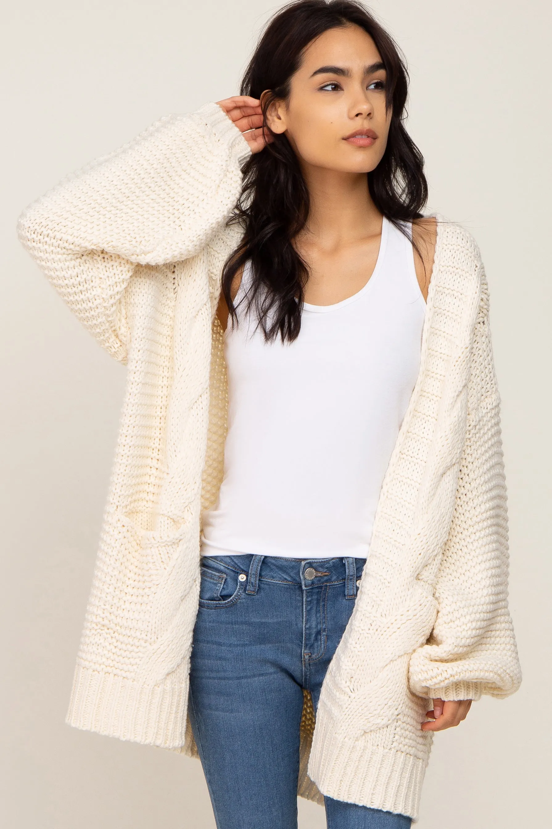 Cream Cable Knit Front Pocket Cardigan sold by Pinkblush