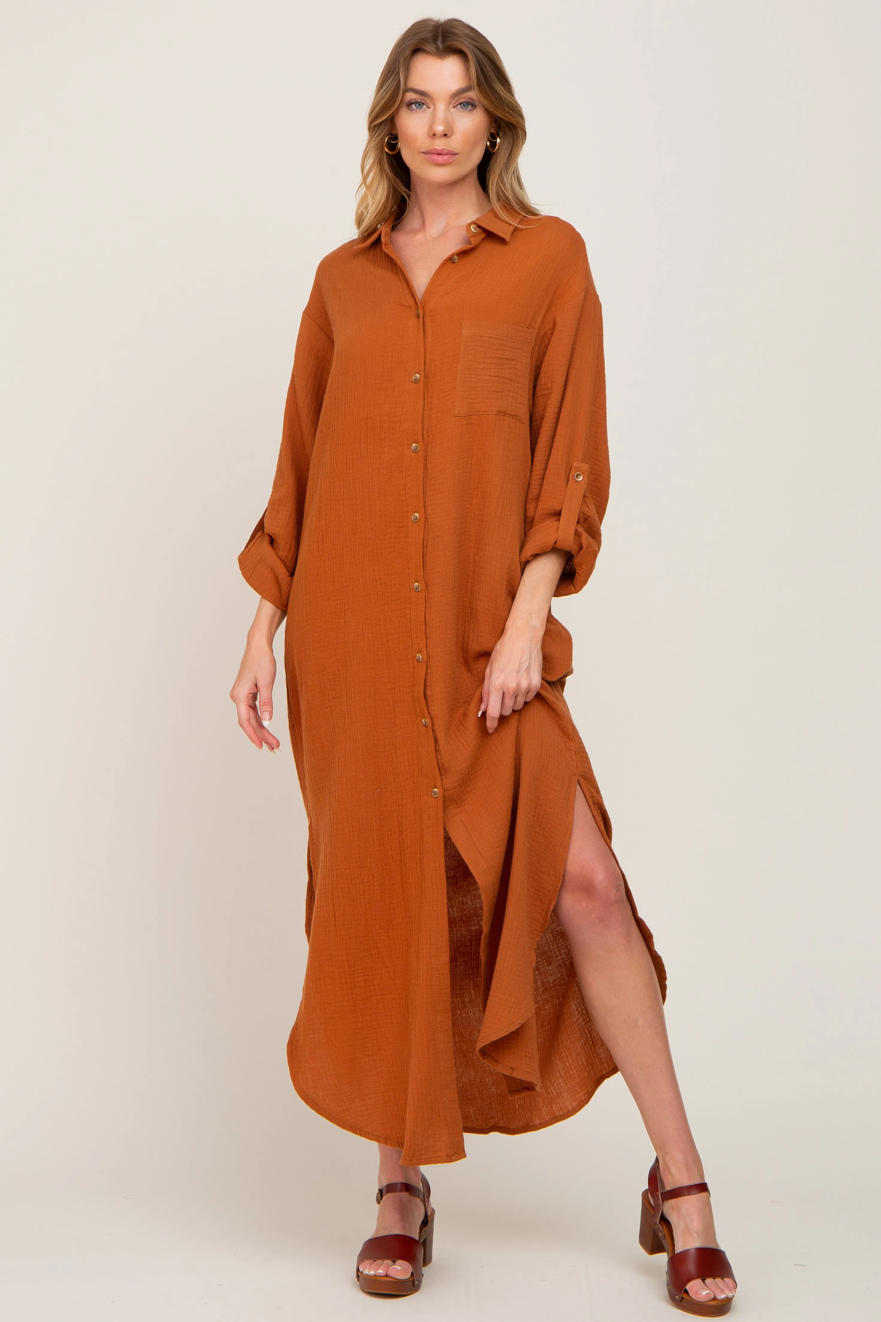 Camel Button Down 3/4 Sleeve Midi Dress sold by Pinkblush