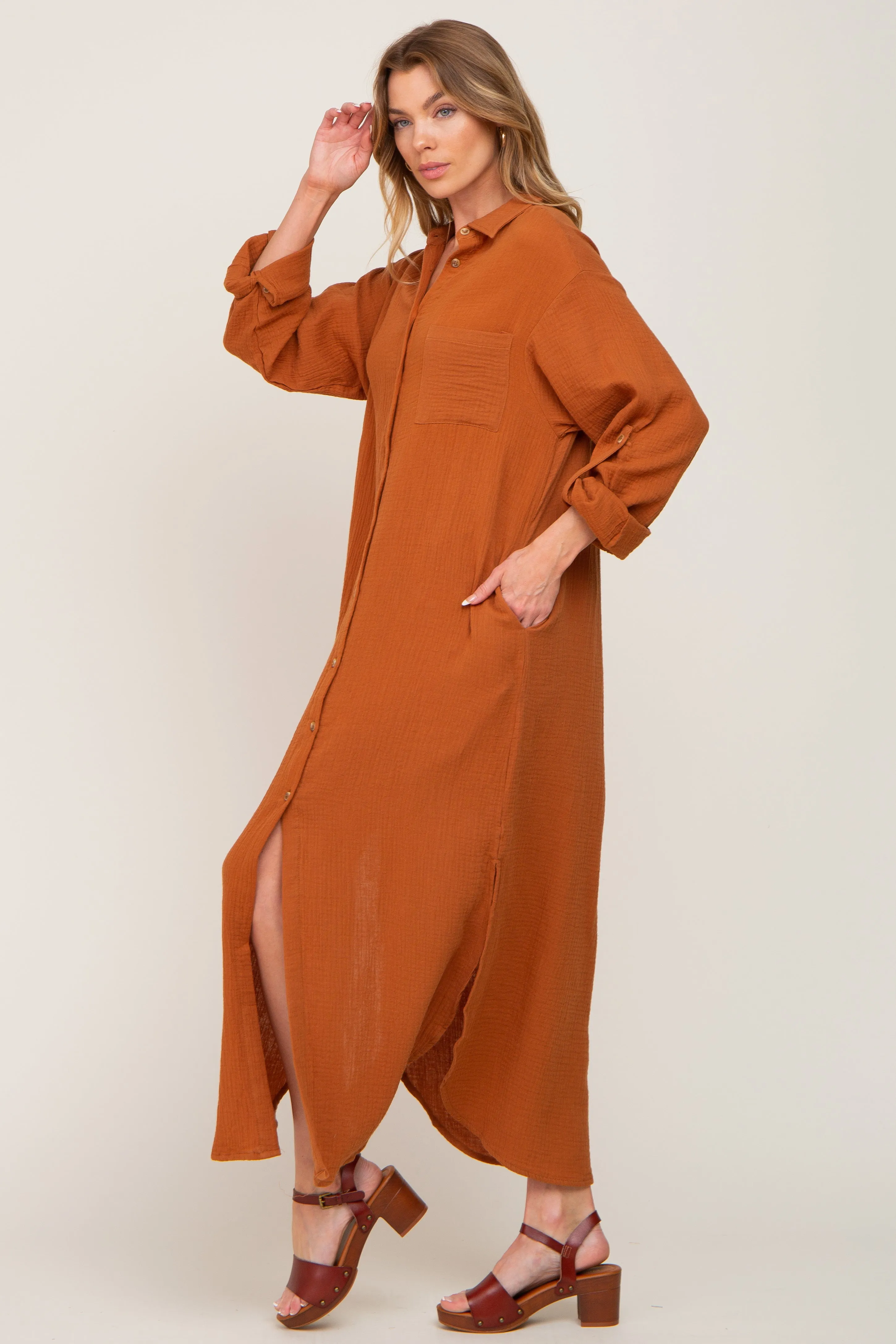 Camel Button Down 3/4 Sleeve Midi Dress sold by Pinkblush product image thumbnail 2