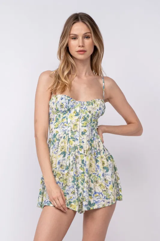 Blue Floral Sleeveless Corset Shape Mini Romper sold by Pinkblush