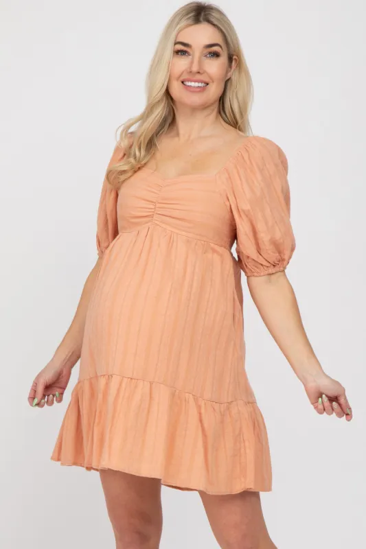 Peach Flower Embroidered Sweetheart Neck Bubble Sleeve Maternity Dress sold by Pinkblush