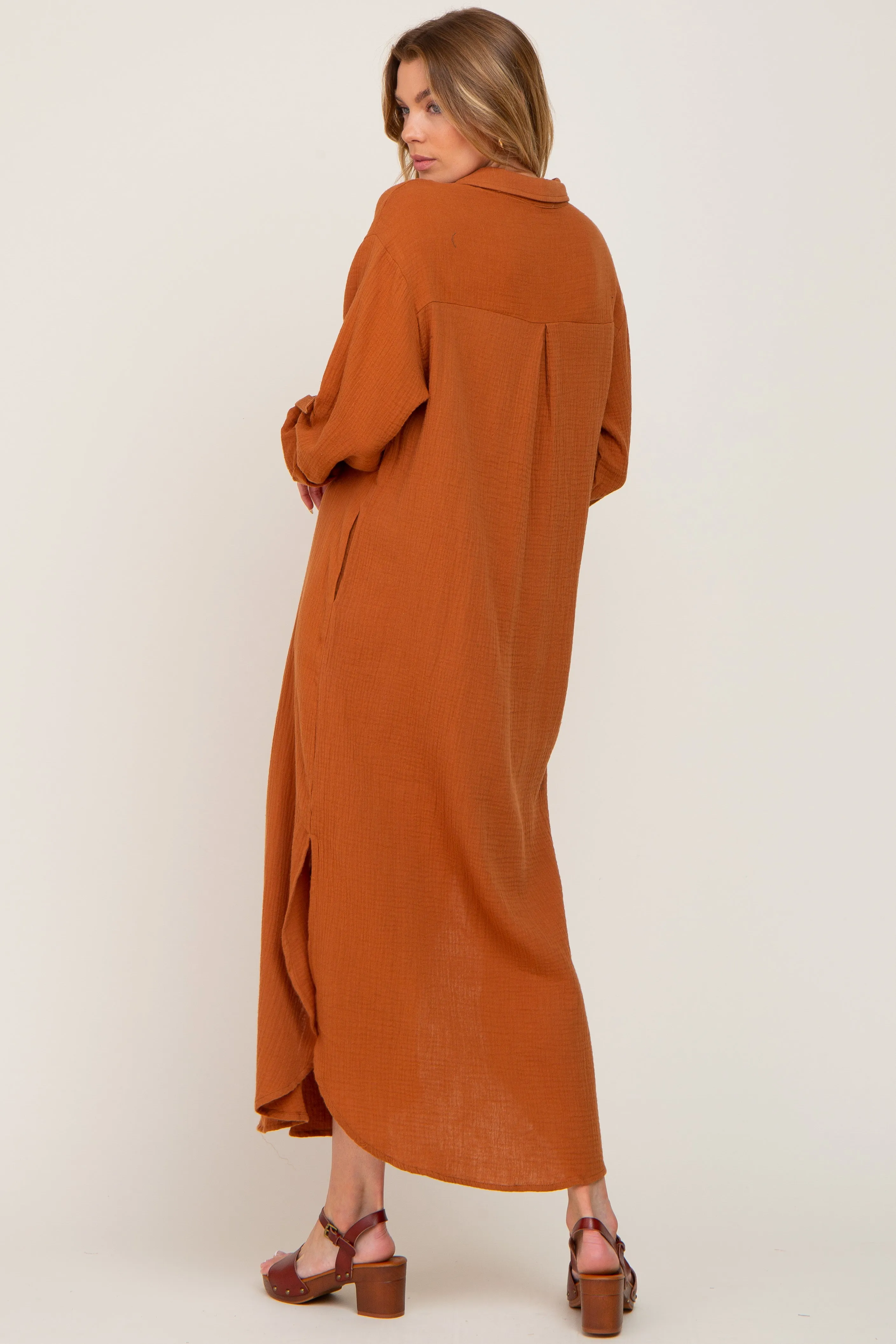 Camel Button Down 3/4 Sleeve Midi Dress sold by Pinkblush product image thumbnail 3