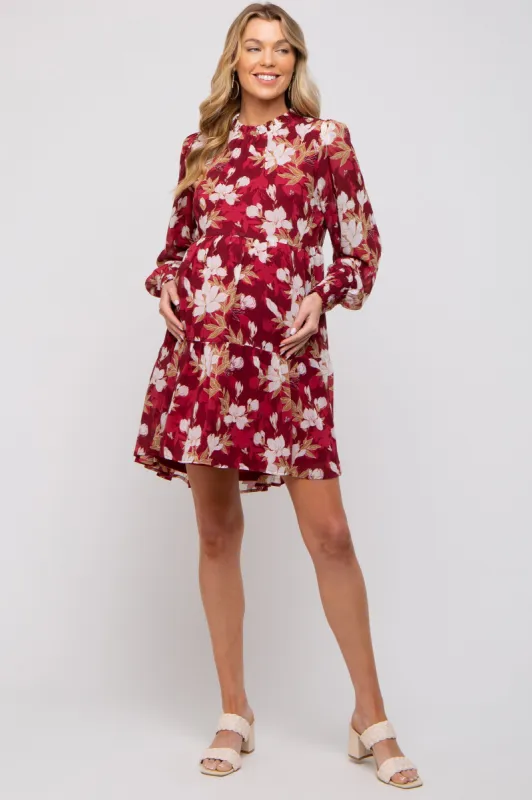 Burgundy Floral Chiffon Ruffle Mock Neck Tiered Maternity Dress sold by Pinkblush