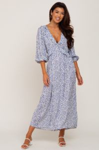 Blue Floral Ruffle V-Neck Maternity Midi Dress sold by Pinkblush