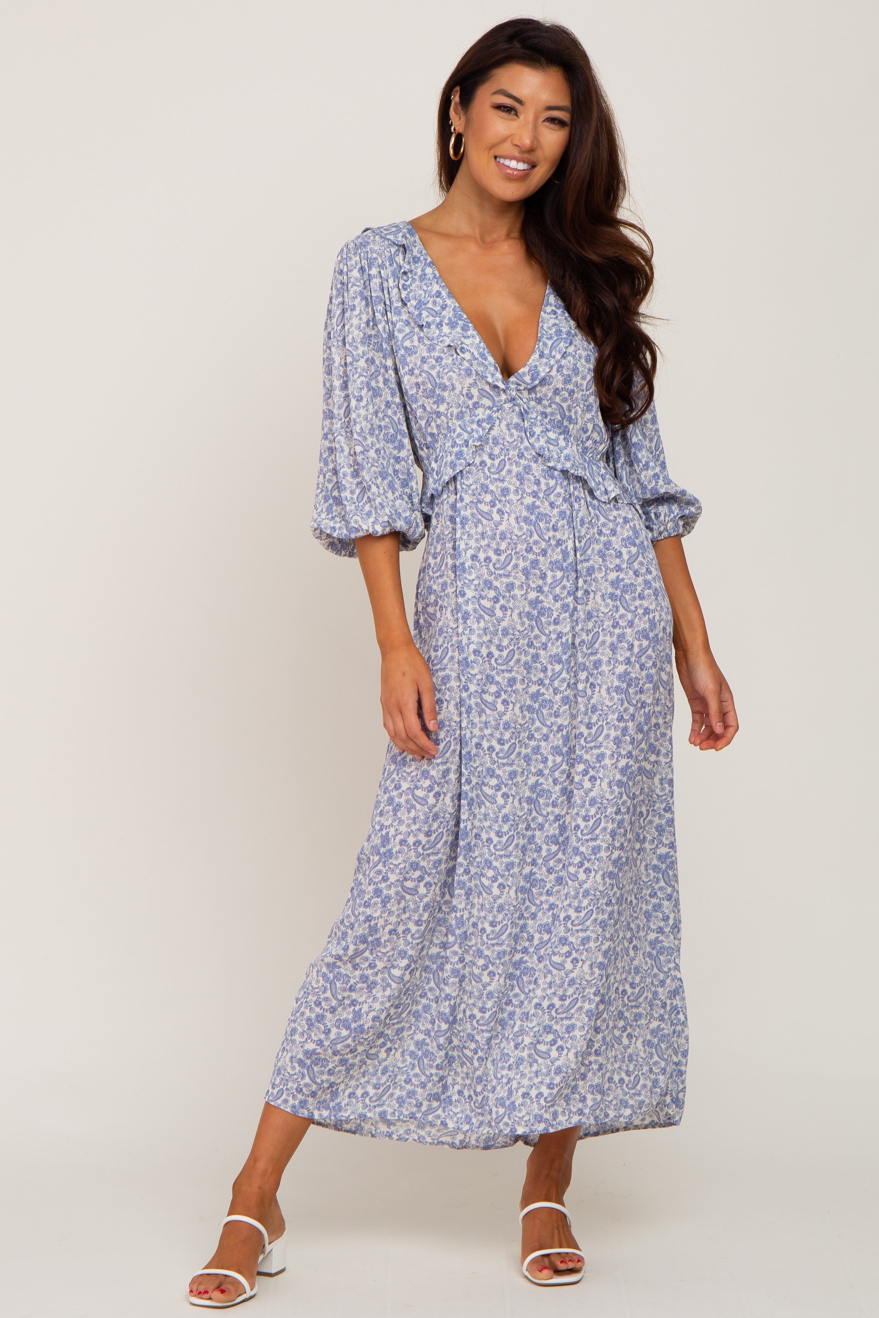 Blue Floral Ruffle V-Neck Maternity Midi Dress sold by Pinkblush product image thumbnail 4