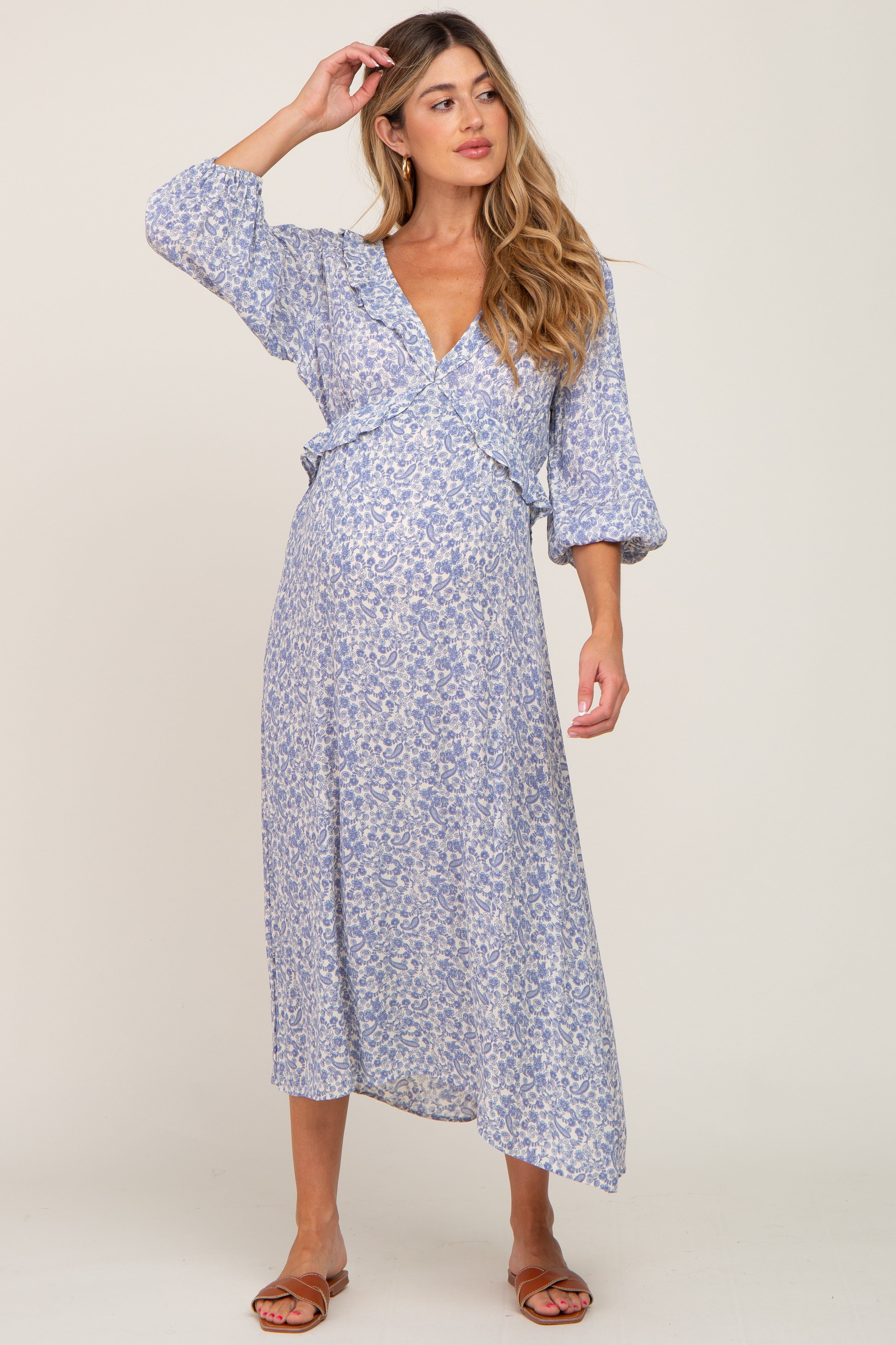 Blue Floral Ruffle V-Neck Maternity Midi Dress sold by Pinkblush
