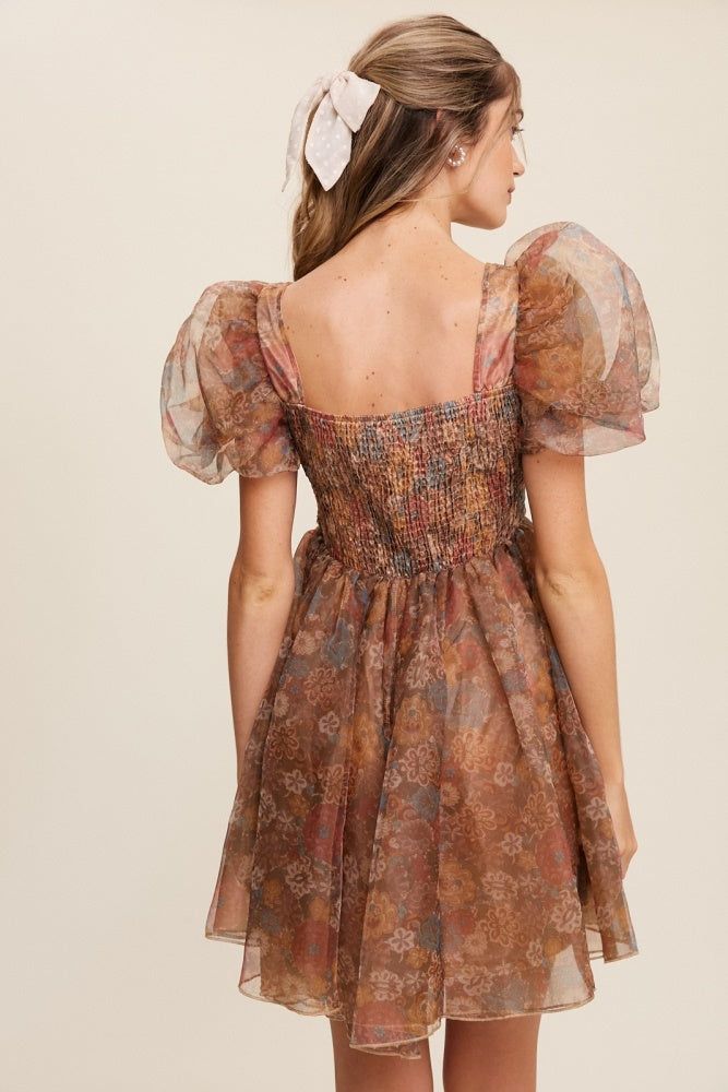 Light Brown Floral Print Organza Balloon Sleeve Mini Dress sold by Pinkblush product image thumbnail 3
