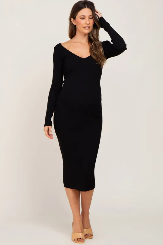 Black Knit Ribbed Maternity Midi Dress sold by Pinkblush