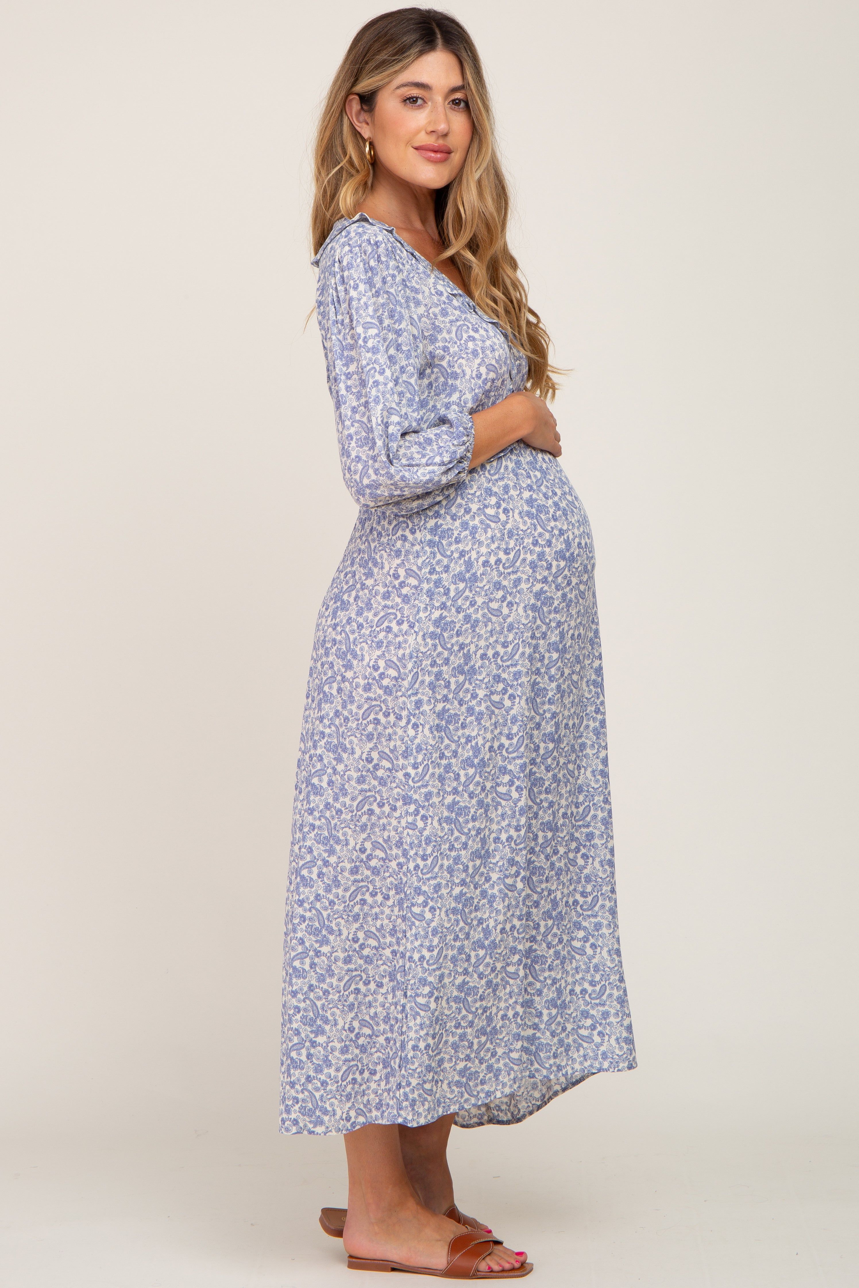 Blue Floral Ruffle V-Neck Maternity Midi Dress sold by Pinkblush product image thumbnail 2