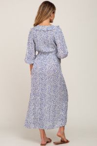 Blue Floral Ruffle V-Neck Maternity Midi Dress sold by Pinkblush